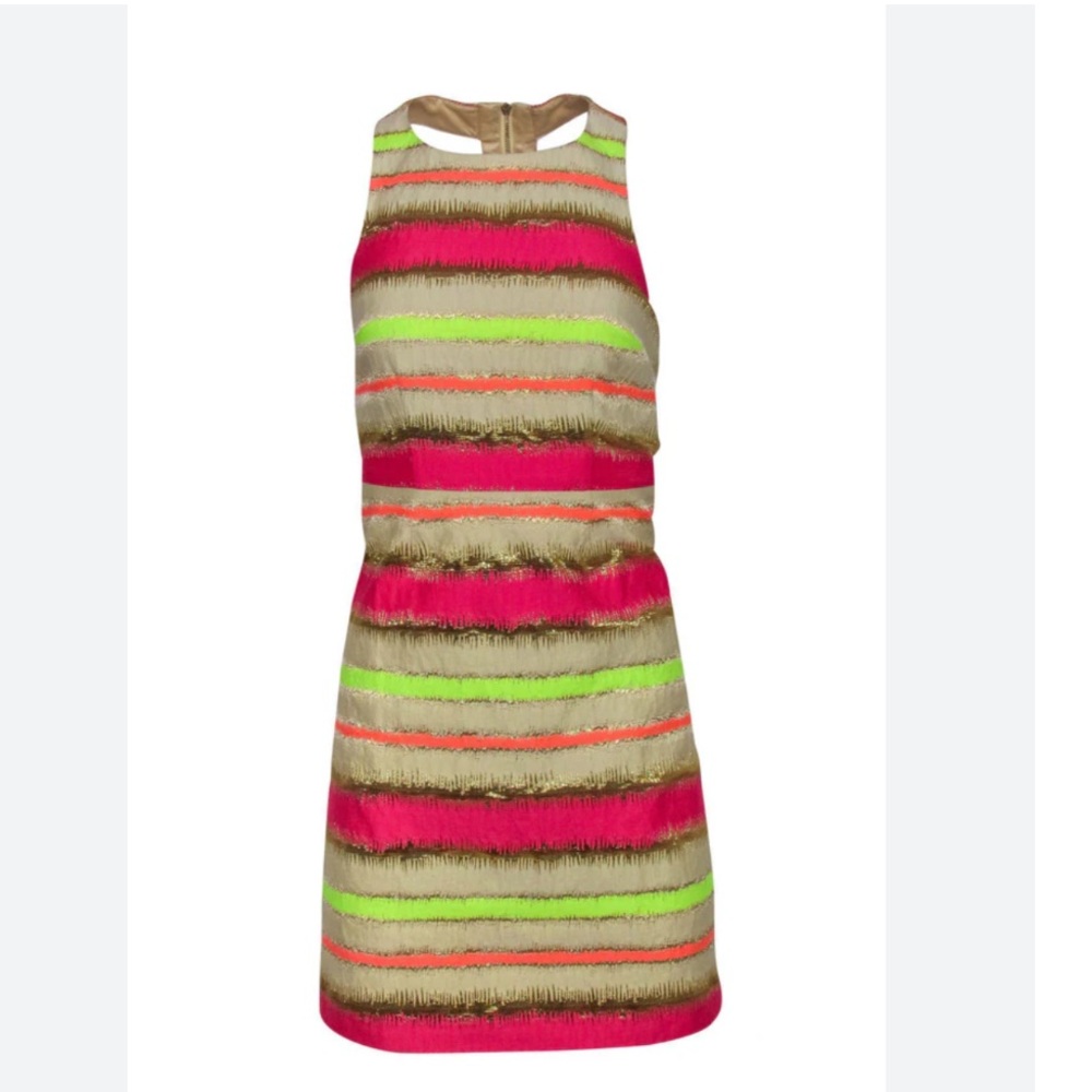 Laundry by Shelli Segal Electric Neon Metallic T Back Sheath Dress 2 EUC